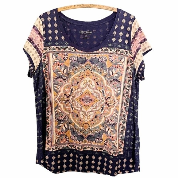 Lucky Brand Top Boho Persian Carpet Graphic Scoop Neck Tee Women’s Plus Size 1X - Picture 2 of 9